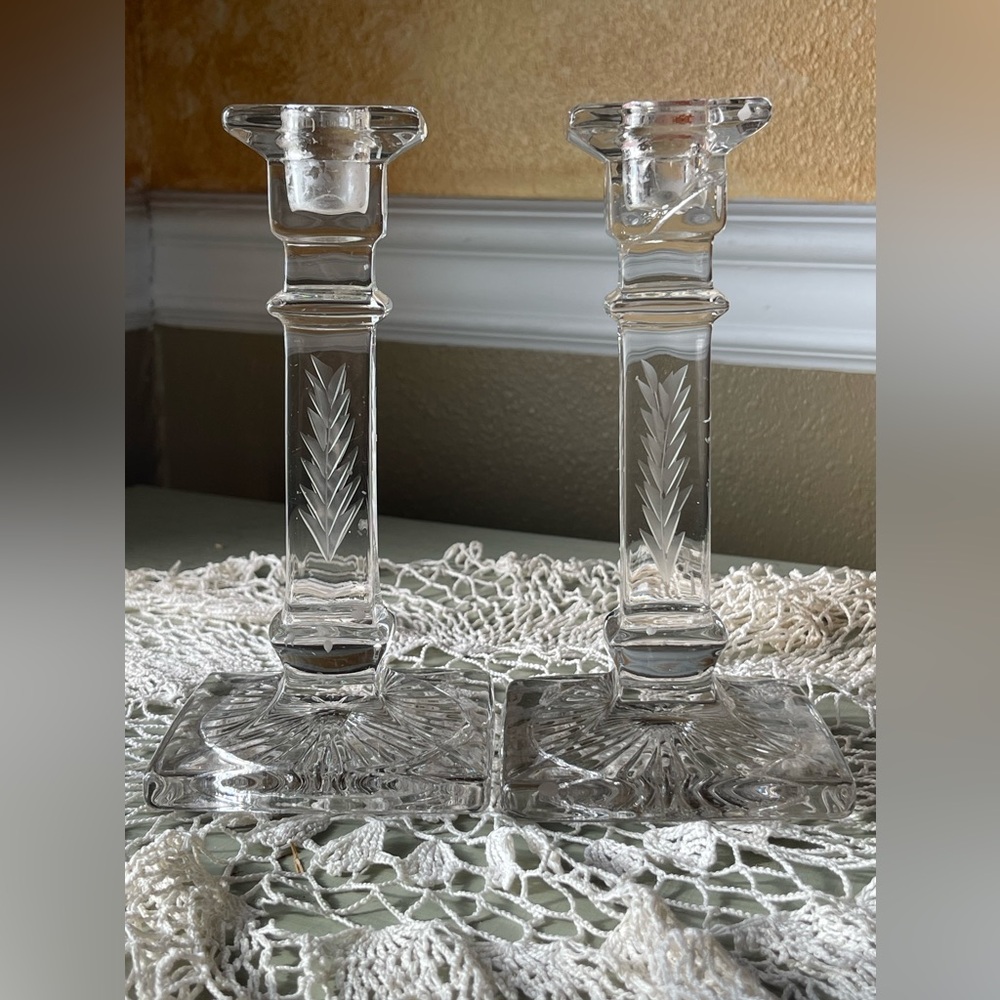 Pair Antique Crystal Etched Candlestick Holders